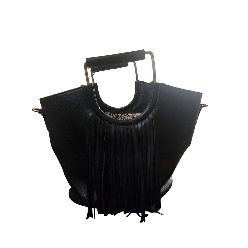 Black Fringe Tote Bag Leopard Print Lining Gold Metal Handle Boho‎ Satchel